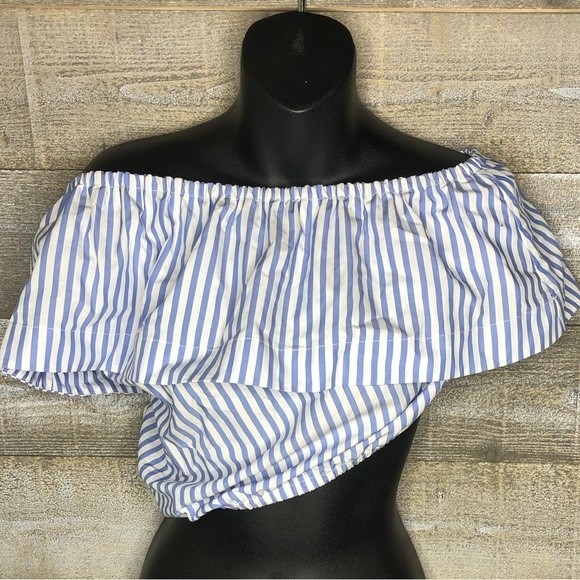 Wilfred (aritzia) small Blue/white Pinstripe Estée Blouse Ruffled one shoulder - Picture 2 of 4